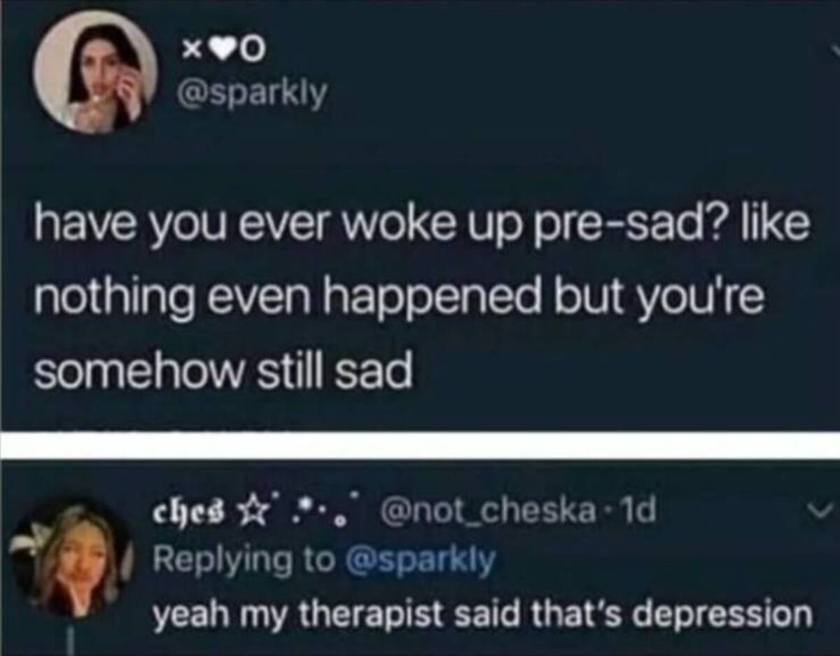 screenshot - have you ever woke up presad? nothing even happened but you're somehow still sad ches yeah my therapist said that's depression