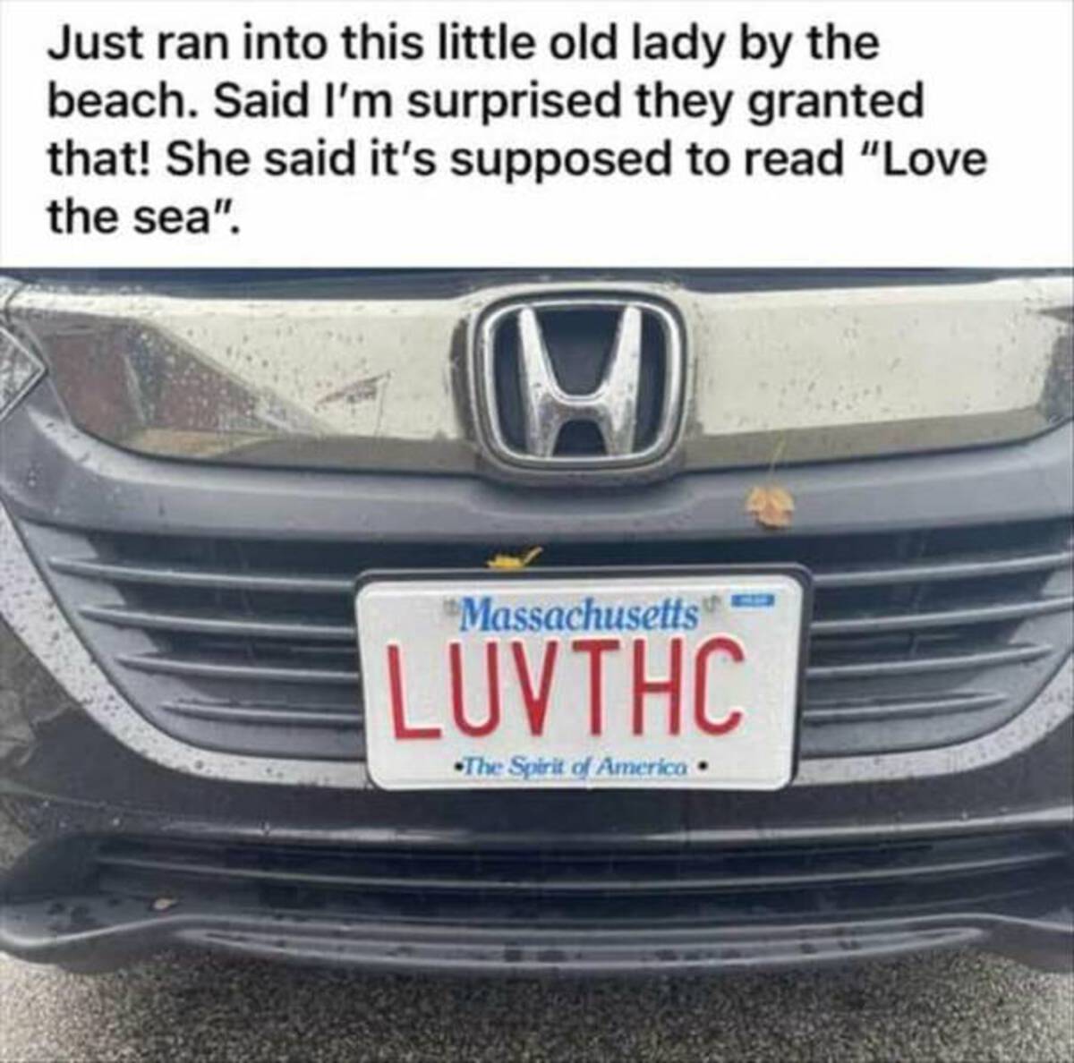 honda accord - Just ran into this little old lady by the beach. Said I'm surprised they granted that! She said it's supposed to read "Love the sea". H Massachusetts Luvthc The Spirit of America