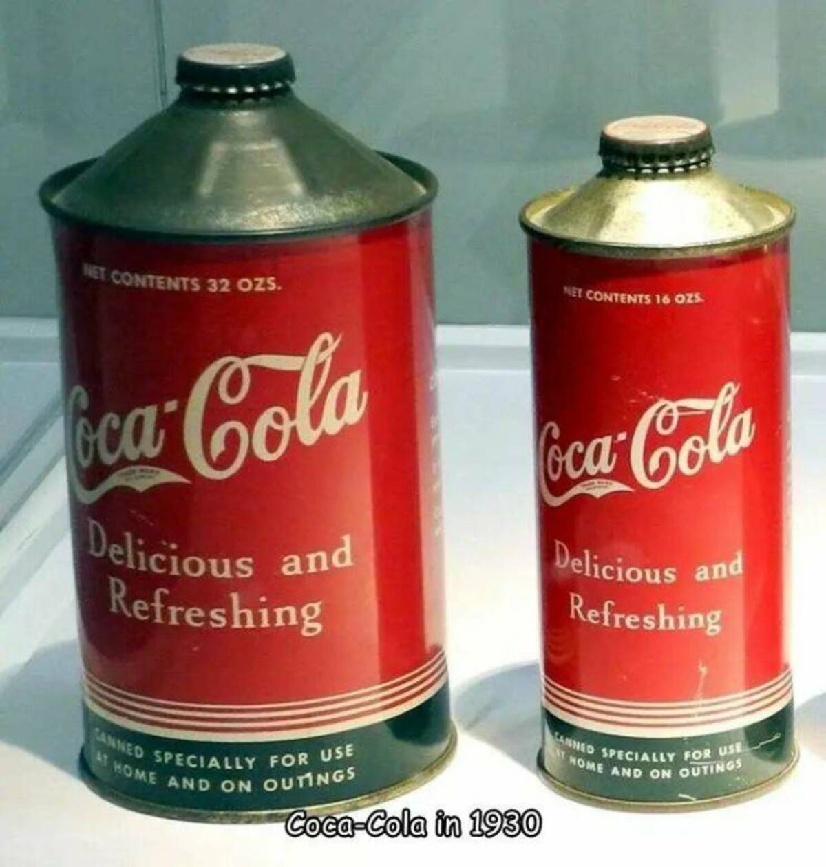 coca cola can 1930 - Net Contents 32 Ozs. CocaCola Delicious and Refreshing Net Contents 16 Ozs. CocaCola Delicious and Refreshing Sanned At Home And On Outings Specially For Use CocaCola in 1930 Canned Specially For Use Home And On Outings