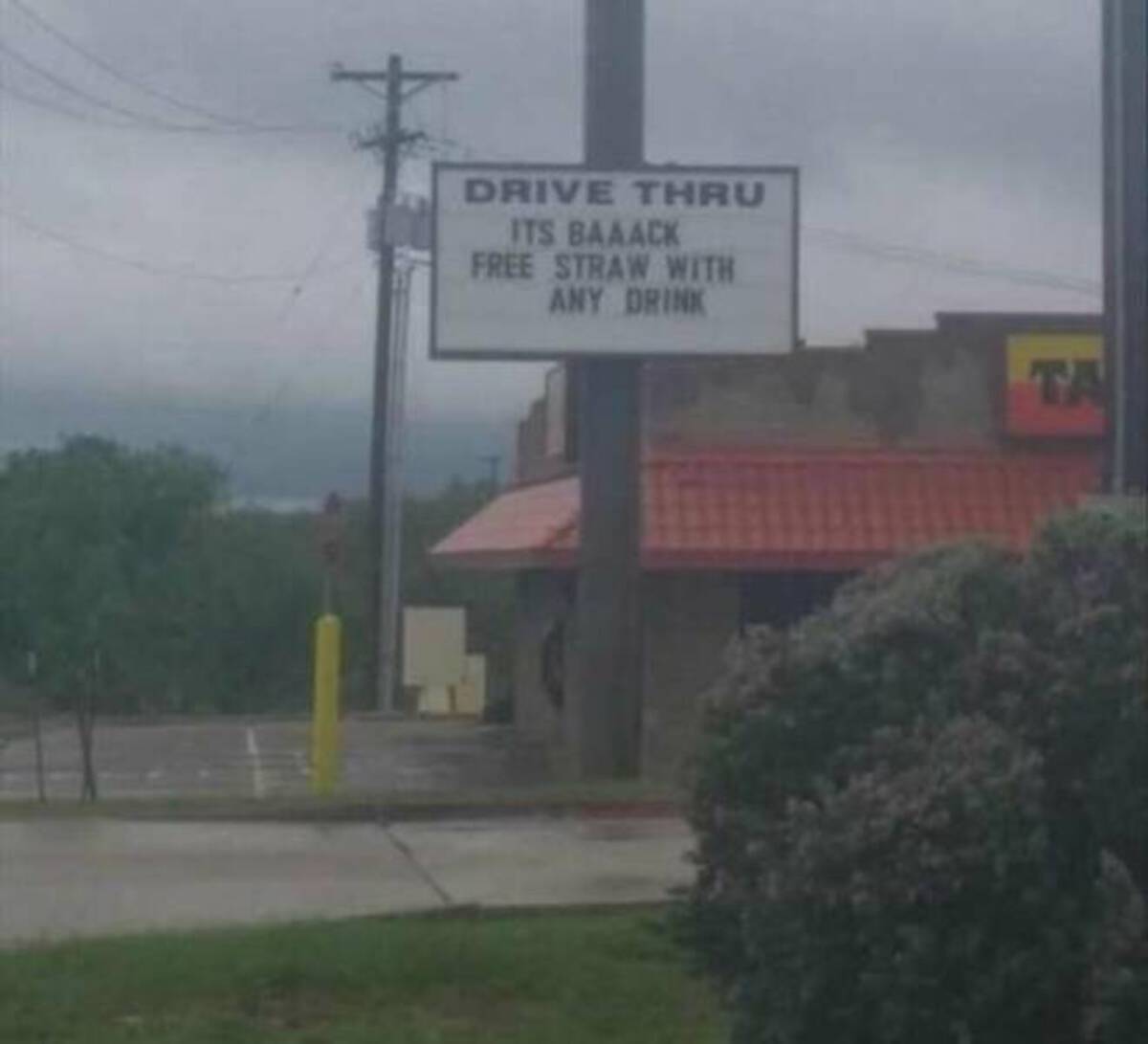 sign - Drive Thru Its Baaack Free Straw With Any Drink Ta