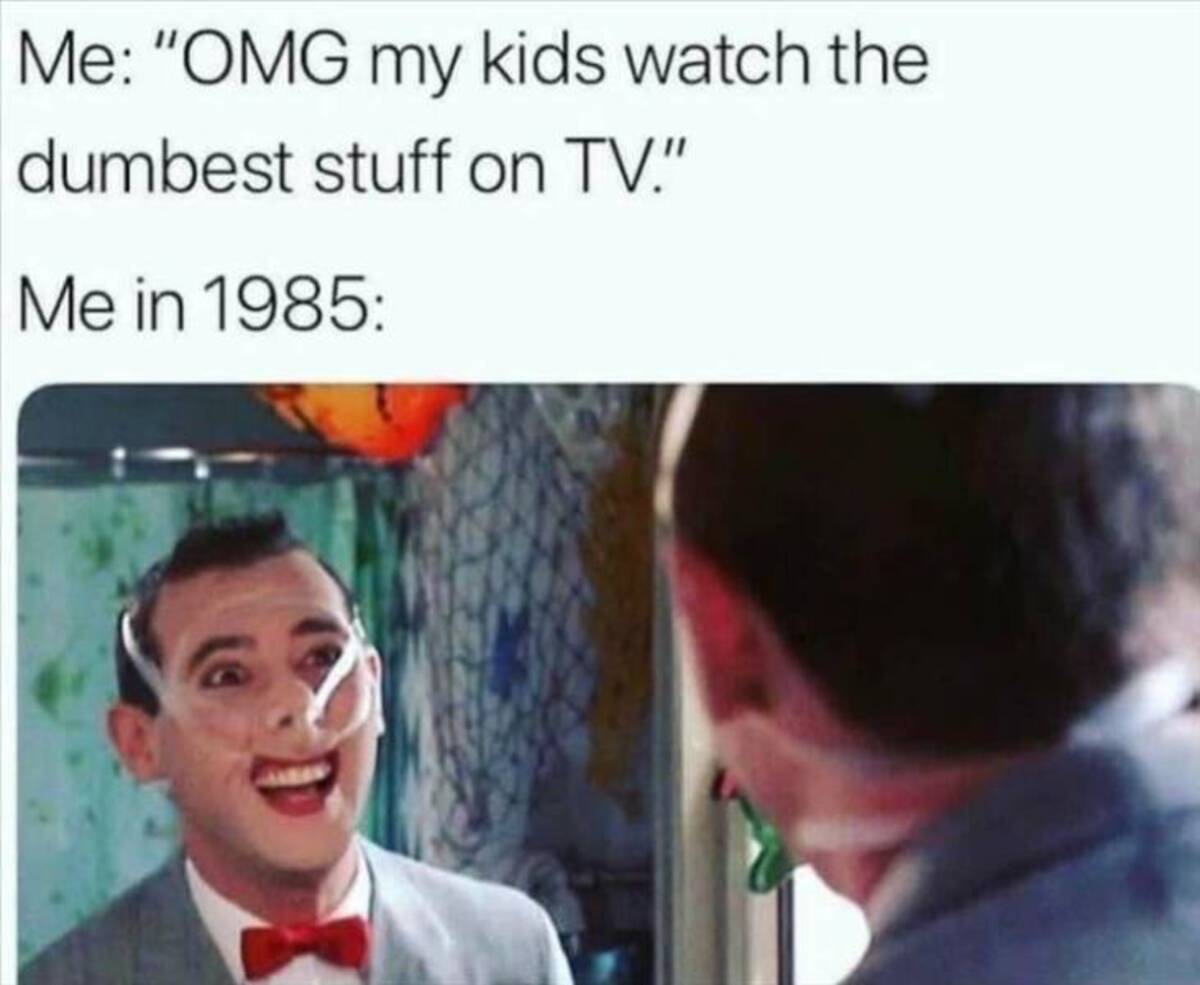 pee wee herman meme - Me "Omg my kids watch the dumbest stuff on Tv." Me in 1985