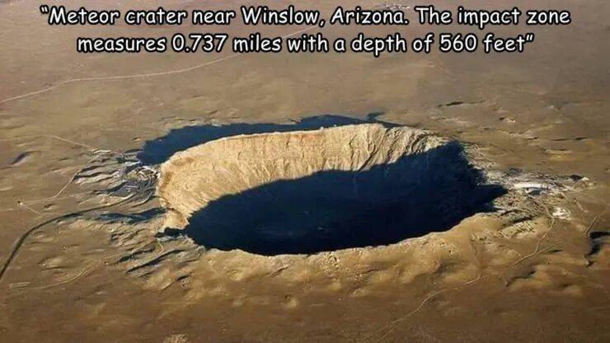 sand - "Meteor crater near Winslow, Arizona. The impact zone measures 0.737 miles with a depth of 560 feet"