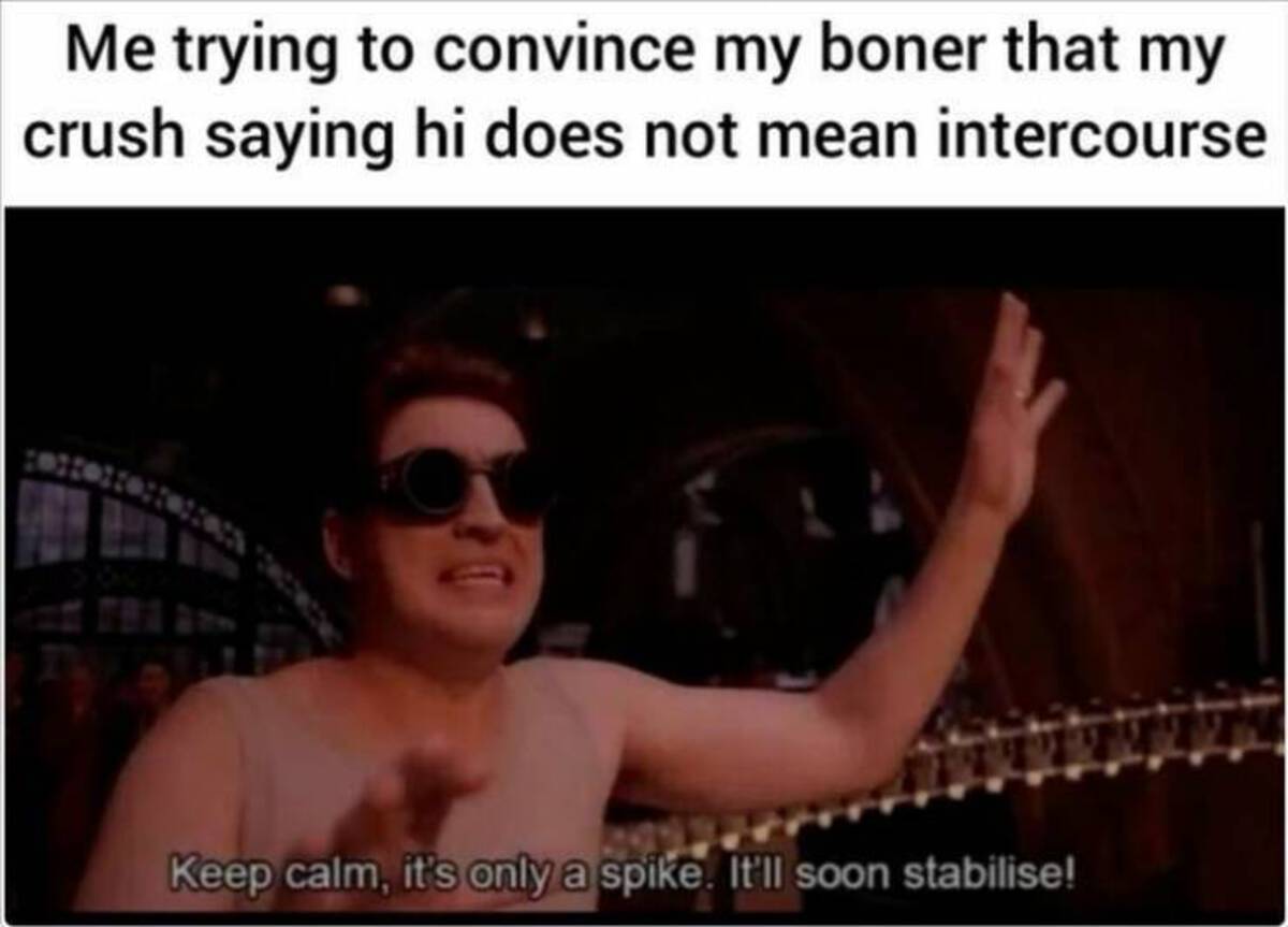 failing all classes meme - Me trying to convince my boner that my crush saying hi does not mean intercourse Keep calm, it's only a spike. It'll soon stabilise!