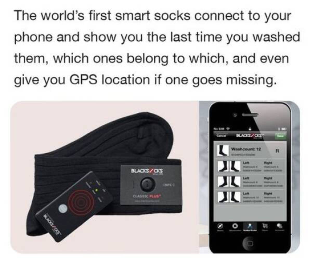 iphone - The world's first smart socks connect to your phone and show you the last time you washed them, which ones belong to which, and even give you Gps location if one goes missing. BlacksOxs BlacksCks Classic Plus BlacksOcs Washcount 12