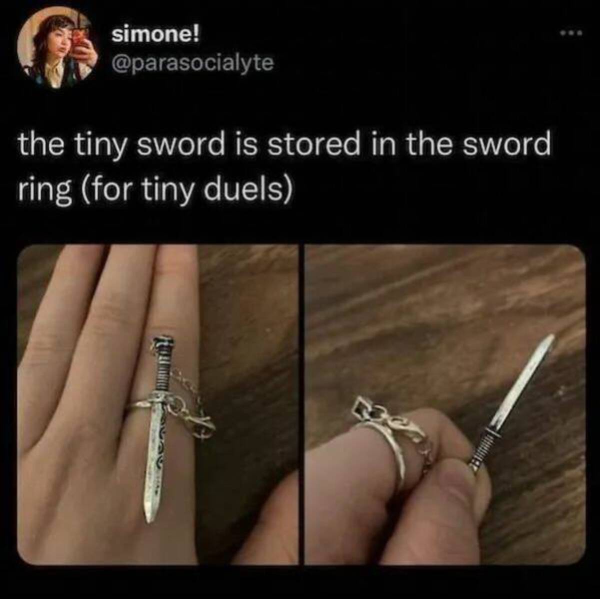 Sword - simone! the tiny sword is stored in the sword ring for tiny duels