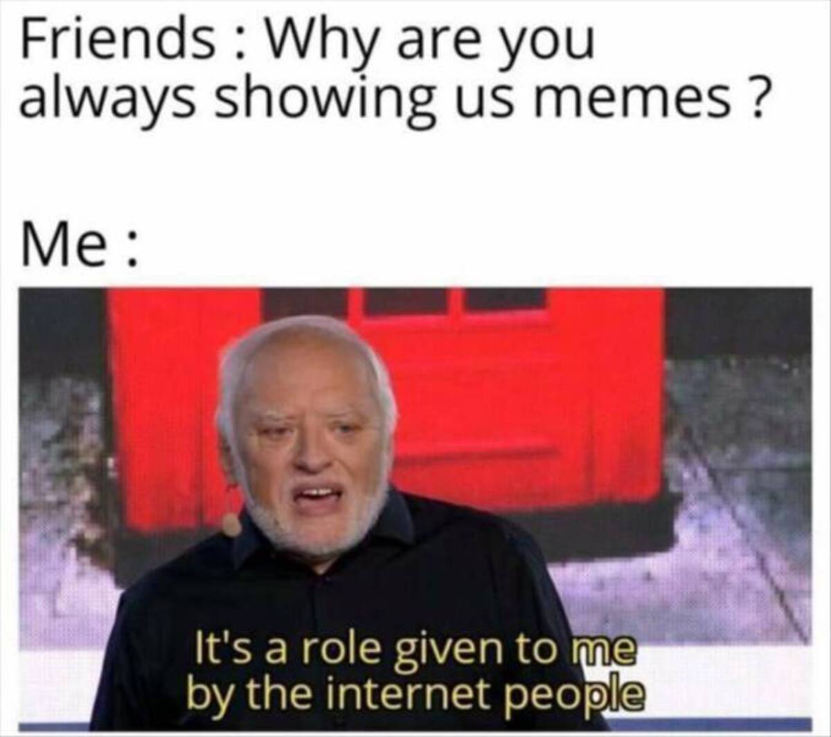it's a role given to me - Friends Why are you always showing us memes? Me It's a role given to me by the internet people