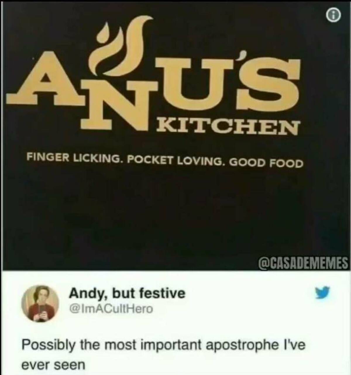 screenshot - U'S Kitchen Finger Licking. Pocket Loving. Good Food Andy, but festive Possibly the most important apostrophe I've ever seen