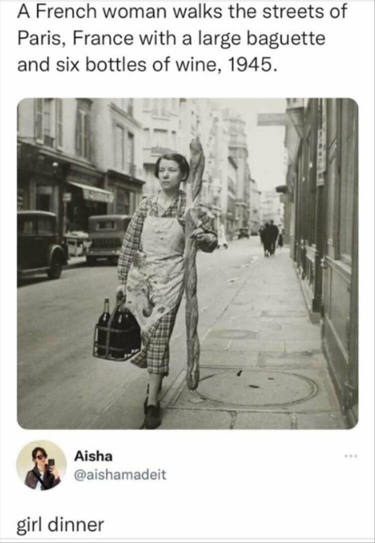 french woman with baguette and wine - A French woman walks the streets of Paris, France with a large baguette and six bottles of wine, 1945. Aisha girl dinner