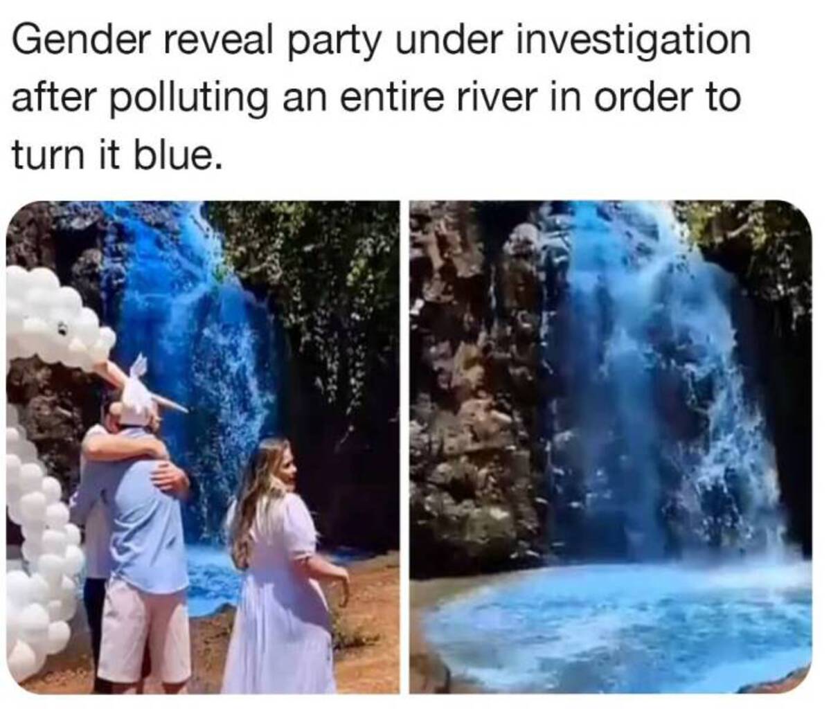 gender reveal water contamination - Gender reveal party under investigation after polluting an entire river in order to turn it blue.