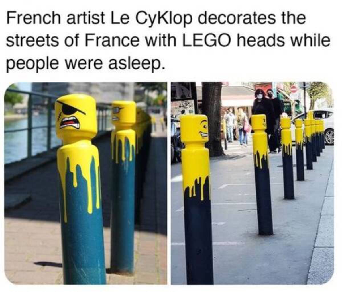 plastic bottle - French artist Le CyKlop decorates the streets of France with Lego heads while people were asleep. ve