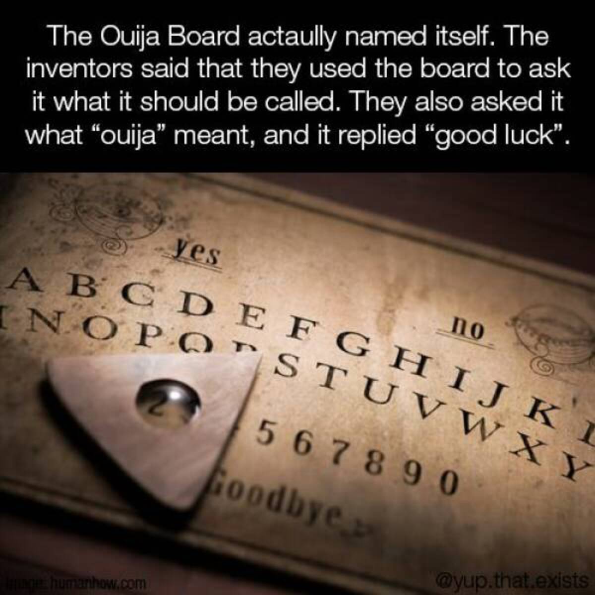 number - The Ouija Board actaully named itself. The inventors said that they used the board to ask it what it should be called. They also asked it what "ouija" meant, and it replied "good luck". yes no Abcdefghijkl Nopostuvwxy 567890 Goodbye .that.exists 