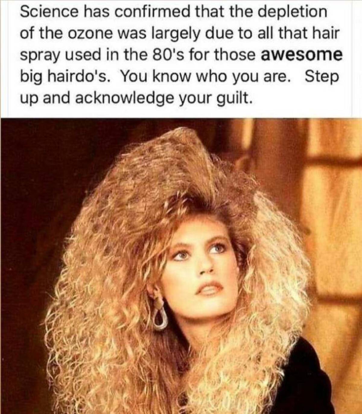 hair styles in the 80s - Science has confirmed that the depletion. of the ozone was largely due to all that hair spray used in the 80's for those awesome big hairdo's. You know who you are. Step up and acknowledge your guilt.