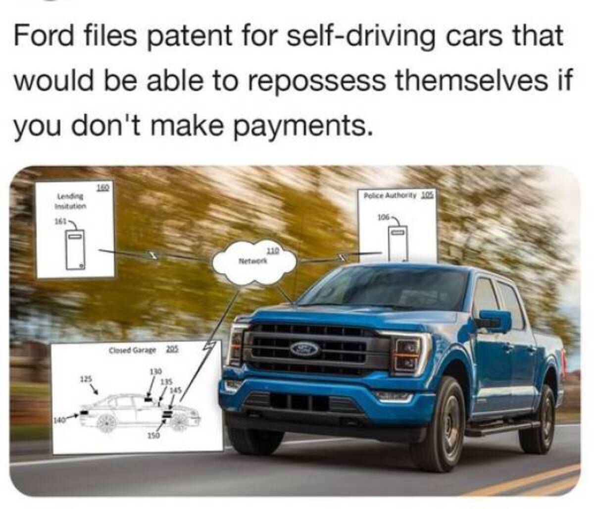 21 ford f150 - Ford files patent for selfdriving cars that would be able to repossess themselves if you don't make payments. Lending Insitution 161 125 160 Closed Garage 205 130 150 110 Network Police Authority 105 106