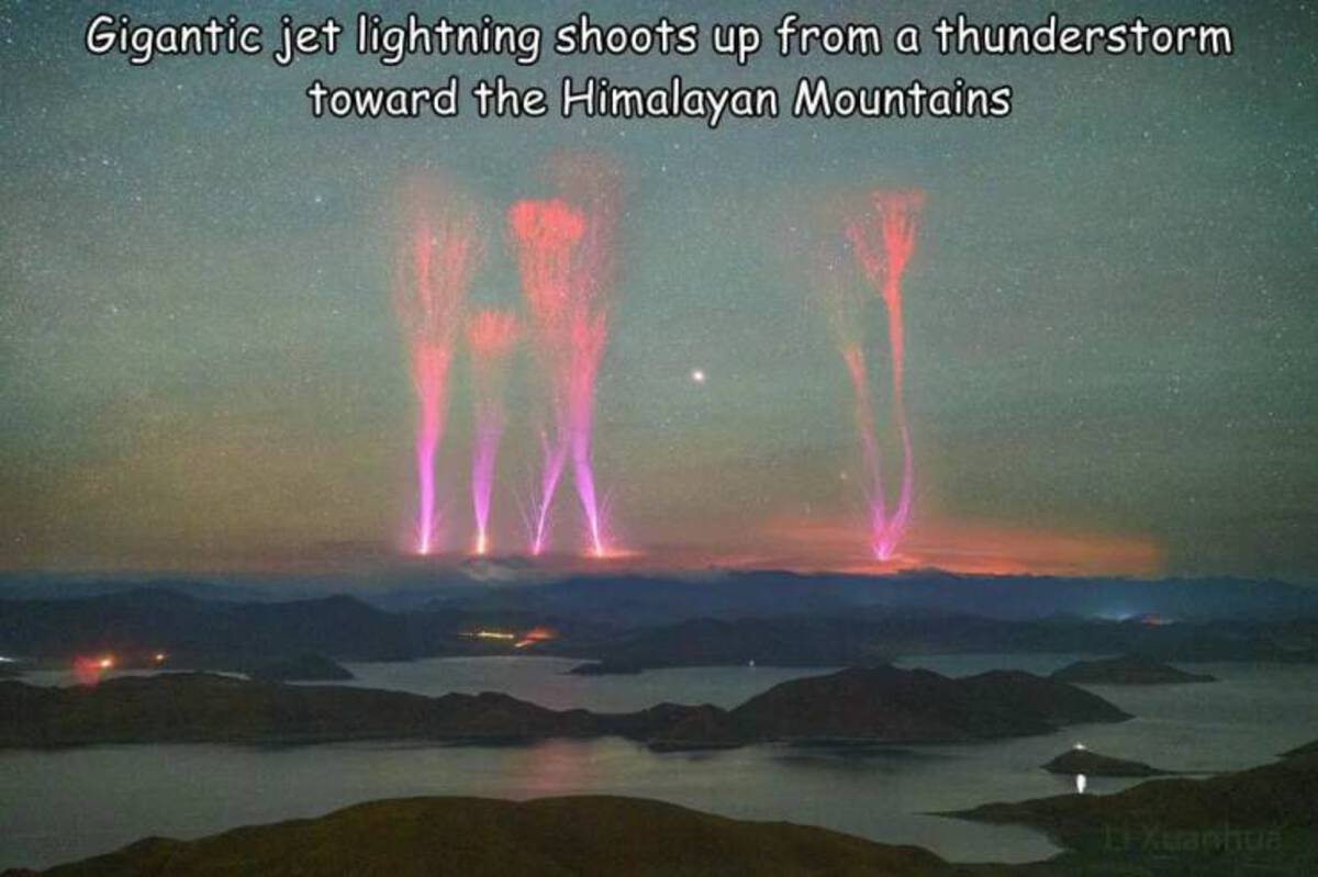 gigantic jets over himalayan mountains - Gigantic jet lightning shoots up from a thunderstorm toward the Himalayan Mountains LXuanhua