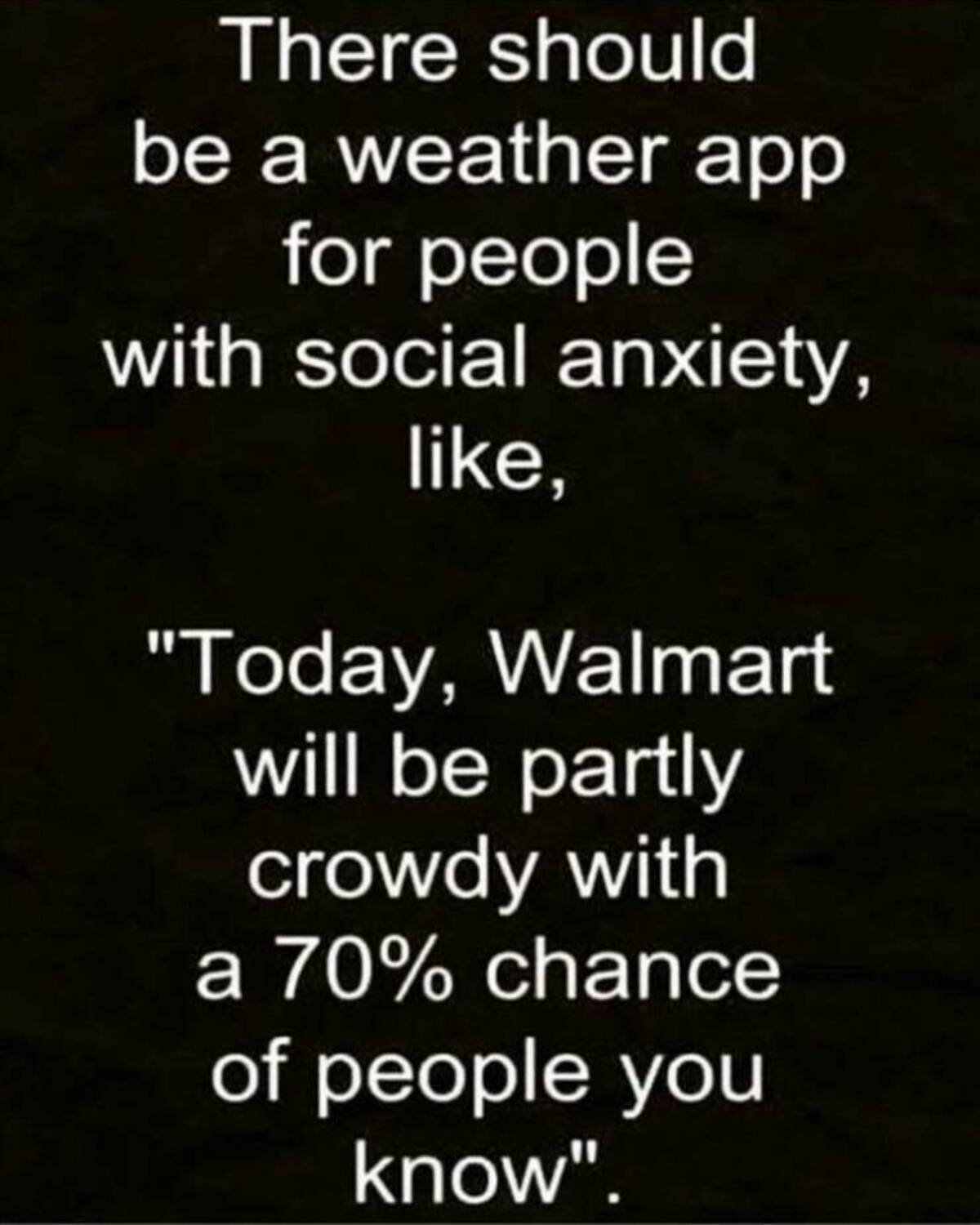 There should be a weather app for people with social anxiety, , "Today, Walmart will be partly crowdy with a 70% chance of people you know"