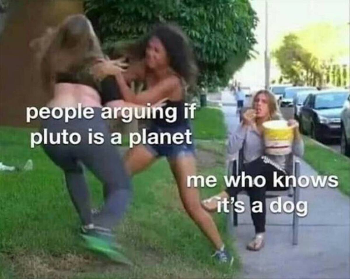 two people fighting one watching meme - people arguing if pluto is a planet me who knows it's a dog