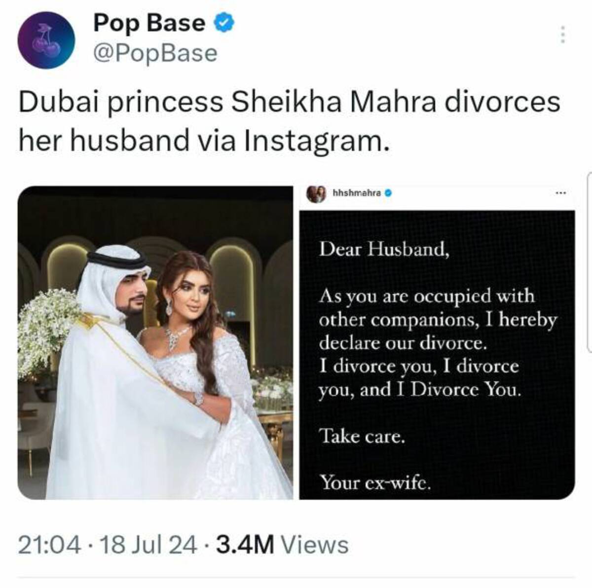 sheikh bride - Pop Base Dubai princess Sheikha Mahra divorces her husband via Instagram. hhshmahra Dear Husband, As you are occupied with other companions, I hereby declare our divorce. I divorce you, I divorce you, and I Divorce You. Take care. Your exwi