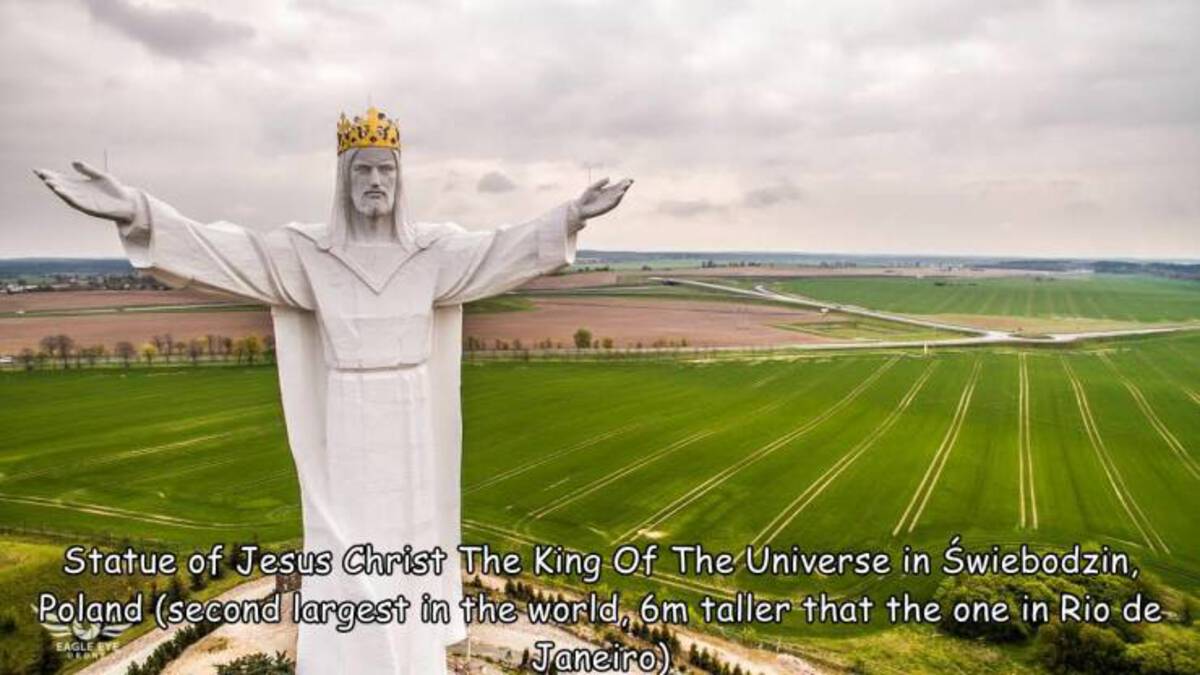 Statue of Christ the King - Statue of Jesus Christ The King Of The Universe in wiebodzin, Poland second largest in the world, 6m taller that the one in Rio de Eagle Eye Janeiro