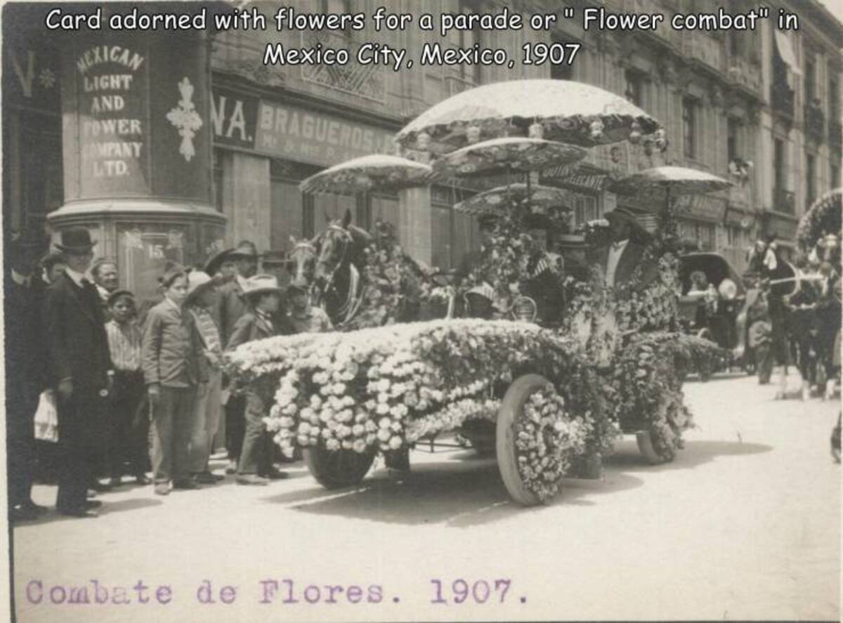 vintage car - Card adorned with flowers for a parade or "Flower combat" in Mexico City, Mexico, 1907 Mexican Light And Tower Na Bragueros M & M P Company Ltd. Combate de Flores. 1907.