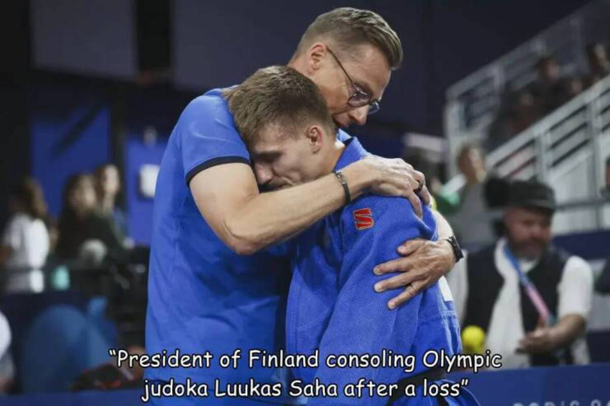 player - "President of Finland consoling Olympic judoka Luukas Saha after a loss"