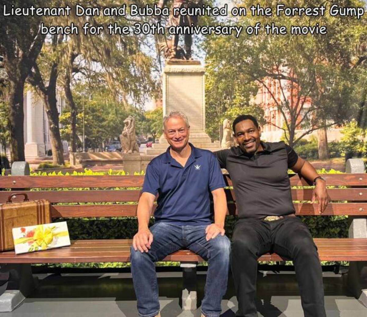 sitting - Lieutenant Dan and Bubba reunited on the Forrest Gump bench for the 30th anniversary of the movie