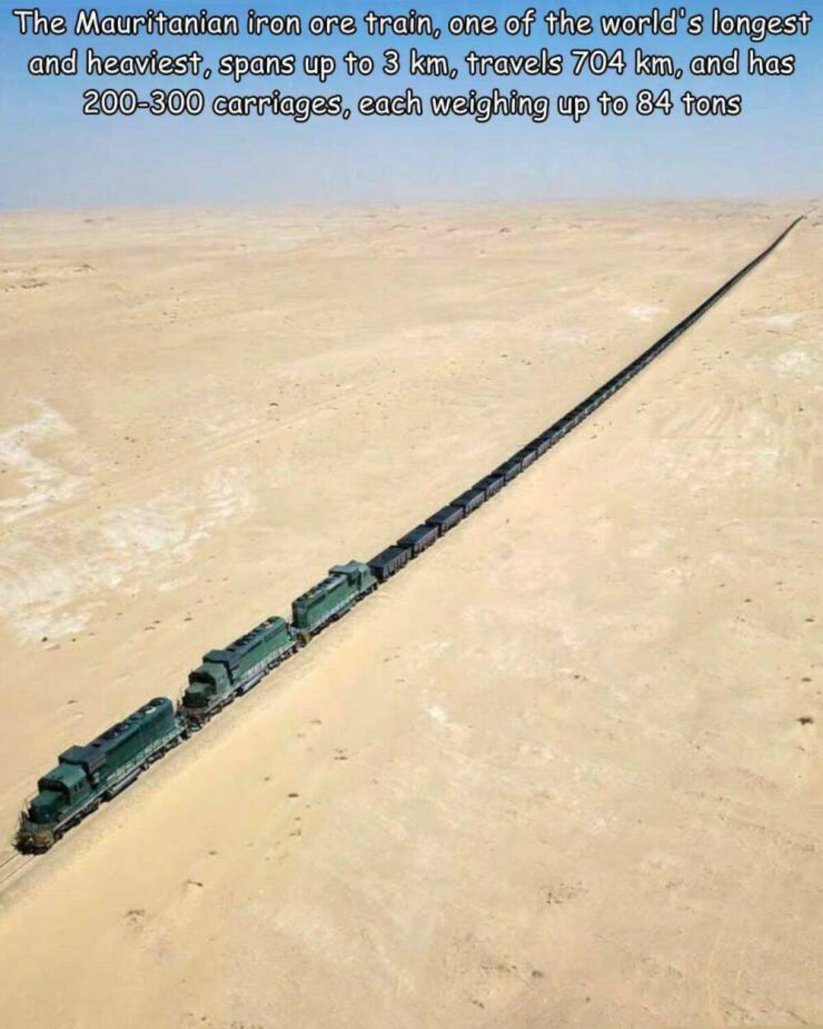 railway - The Mauritanian iron ore train, one of the world's longest and heaviest, spans up to 3 km, travels 704 km, and has 200300 carriages, each weighing up to 84 tons