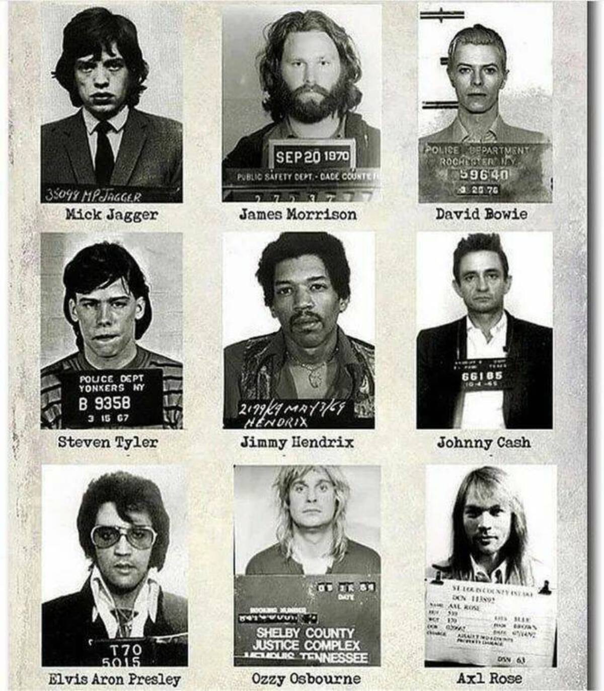 musician mugshots - Public Safety Dept.Dade Counte 35098 Mpjagger Mick Jagger James Morrison Police Department Rochester Hy 59640 382079 David Bowie Police Dept Yonkers Ny B 9358 3 15 67 Steven Tyler 219949 MAY369 Hendrix Jimmy Hendrix T70 5015 Elvis Aron