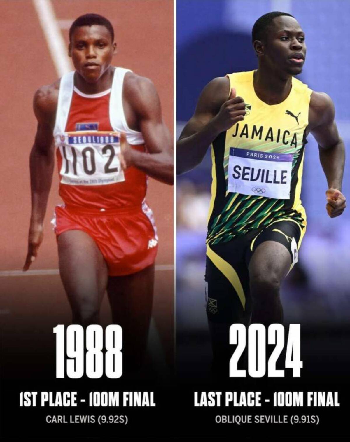 Sports - SEOUL1988 1102 Jamaica Paris 2024 Seville 804 1988 Ist Place 100M Final Carl Lewis 9.92S 2024 Last Place 100M Final Oblique Seville 9.91S