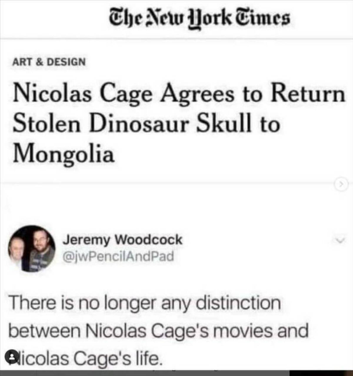 screenshot - Art & Design The New York Times Nicolas Cage Agrees to Return Stolen Dinosaur Skull to Mongolia Jeremy Woodcock There is no longer any distinction between Nicolas Cage's movies and icolas Cage's life.