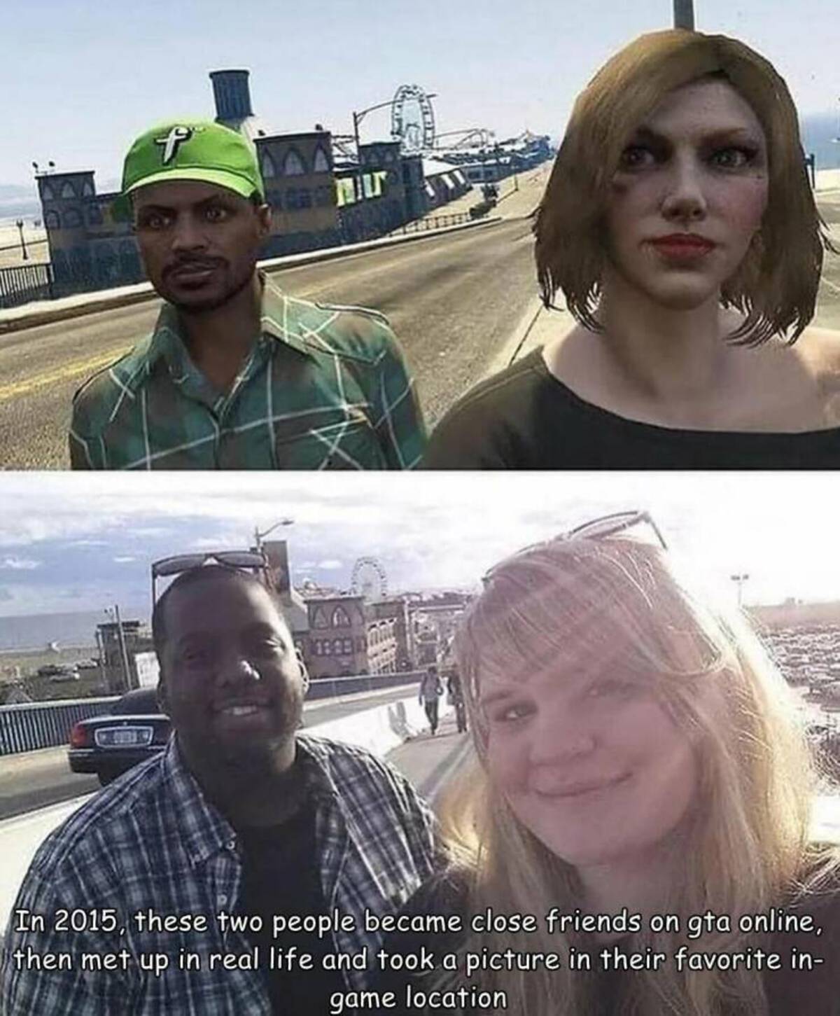 real life gta 5 - In 2015, these two people became close friends on gta online, then met up in real life and took a picture in their favorite in game location