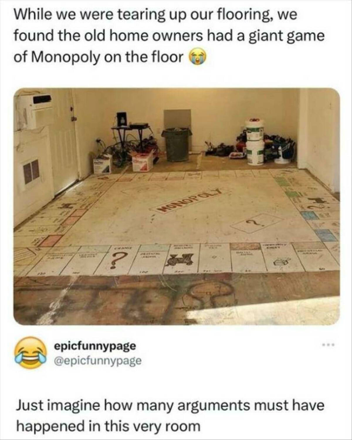 monopoly floor under carpet - While we were tearing up our flooring, we found the old home owners had a giant game of Monopoly on the floor ? epicfunnypage Monopoly Just imagine how many arguments must have happened in this very room