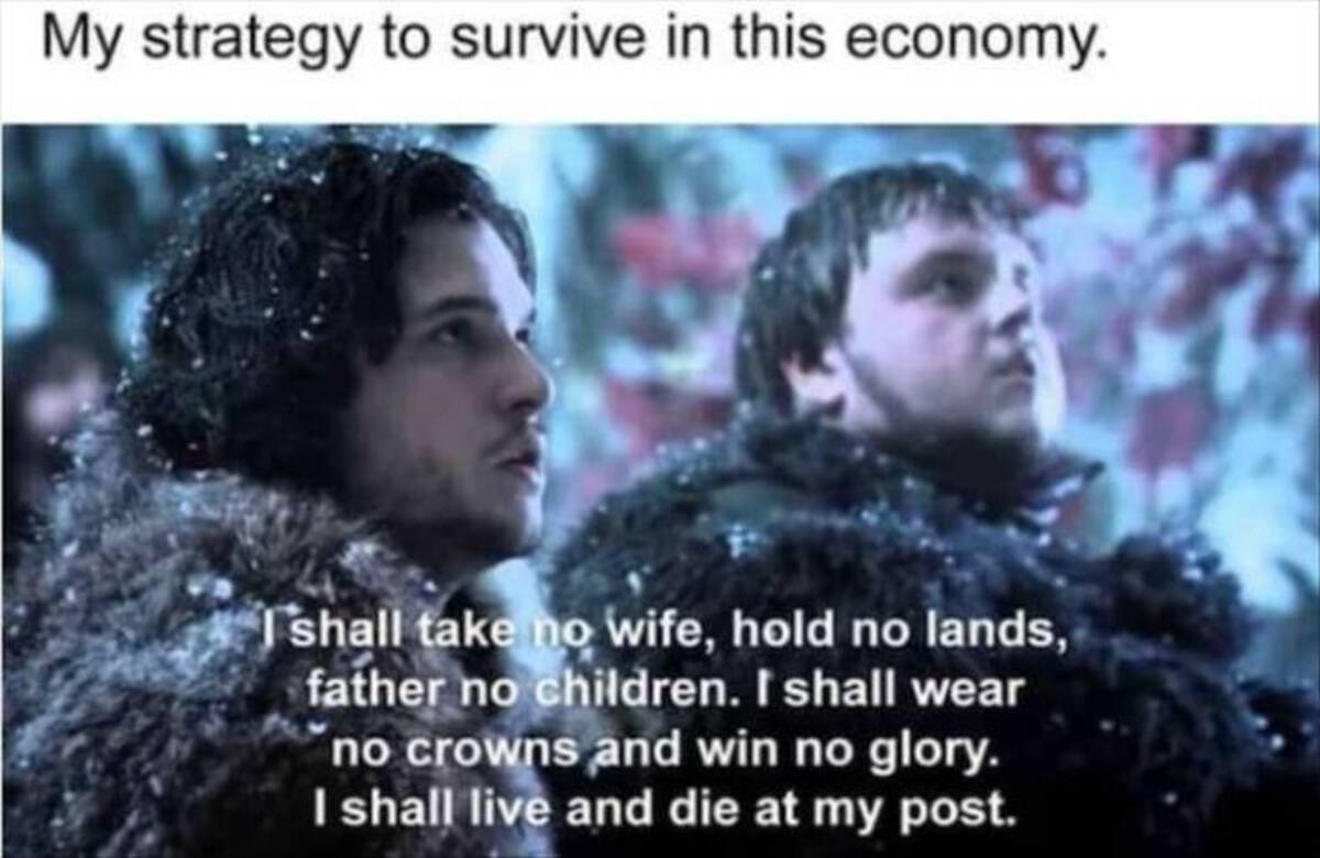 my strategy to survive in this economy - My strategy to survive in this economy. I shall take no wife, hold no lands, father no children. I shall wear no crowns and win no glory. I shall live and die at my post.