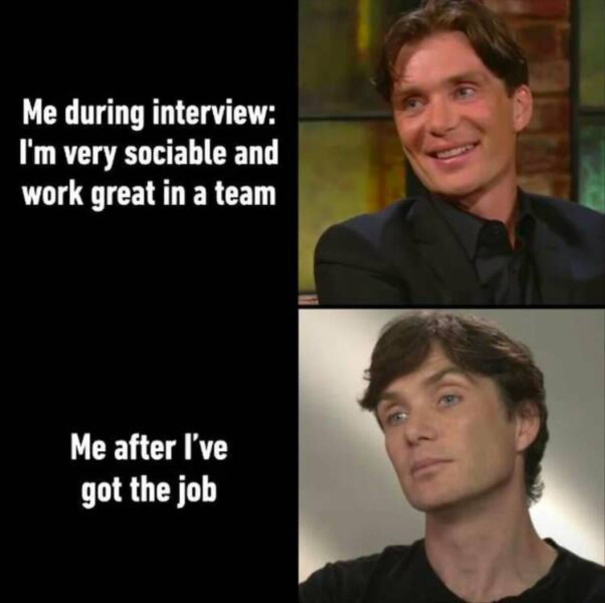 cillian murphy what's a meme - Me during interview I'm very sociable and work great in a team Me after I've got the job