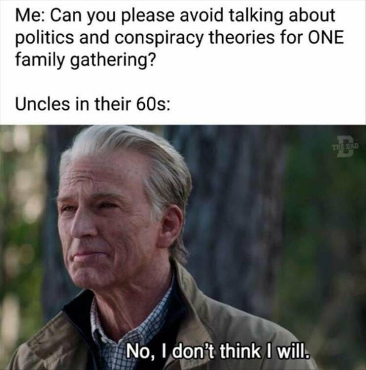 dont think i will - Me Can you please avoid talking about politics and conspiracy theories for One family gathering? Uncles in their 60s No, I don't think I will. The Dad B