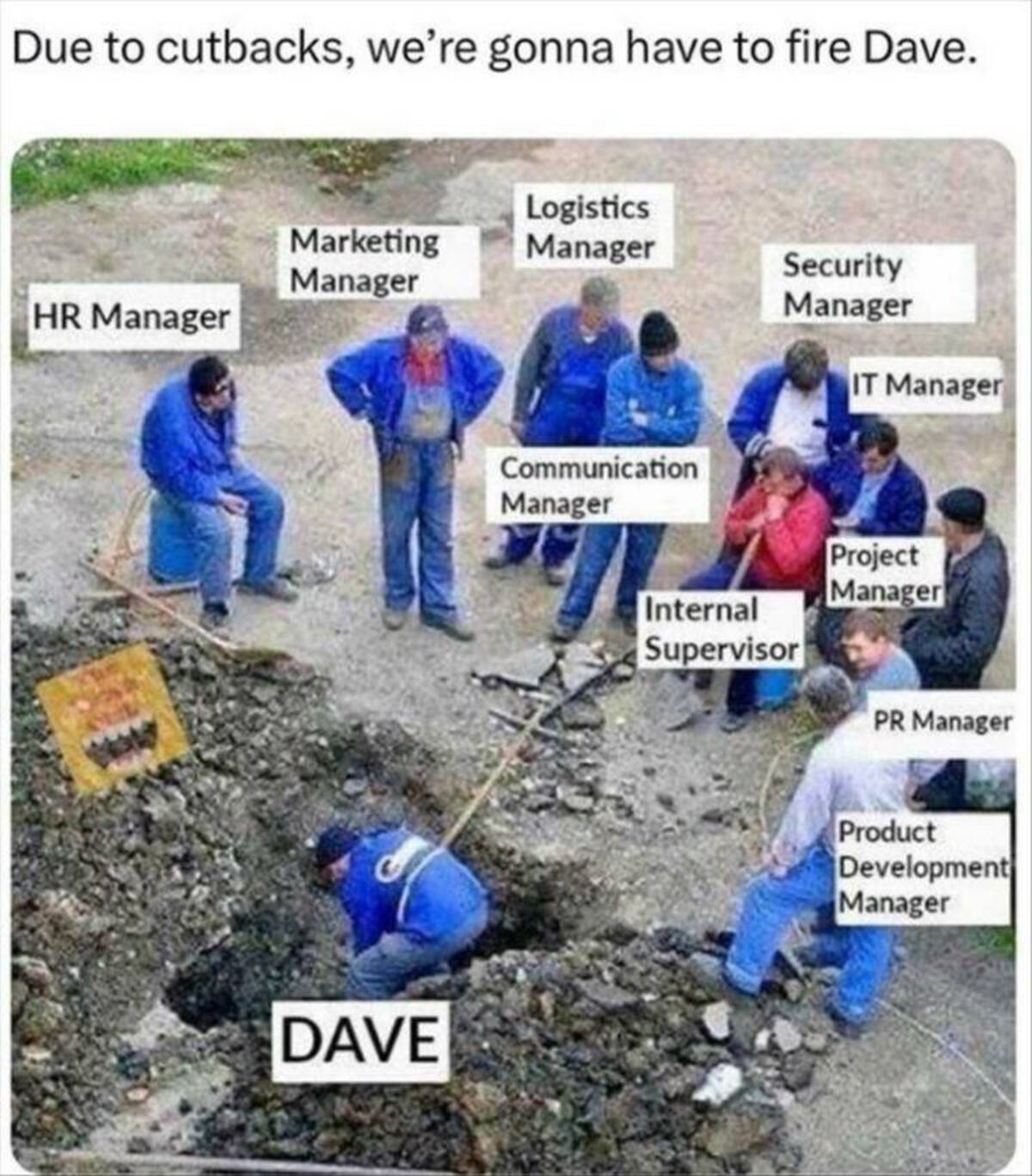 due to cutbacks we re going to have to fire dave - Due to cutbacks, we're gonna have to fire Dave. Logistics Marketing Manager Manager Security Hr Manager Manager It Manager Dave Communication Manager Internal Supervisor Project Manager Pr Manager Product