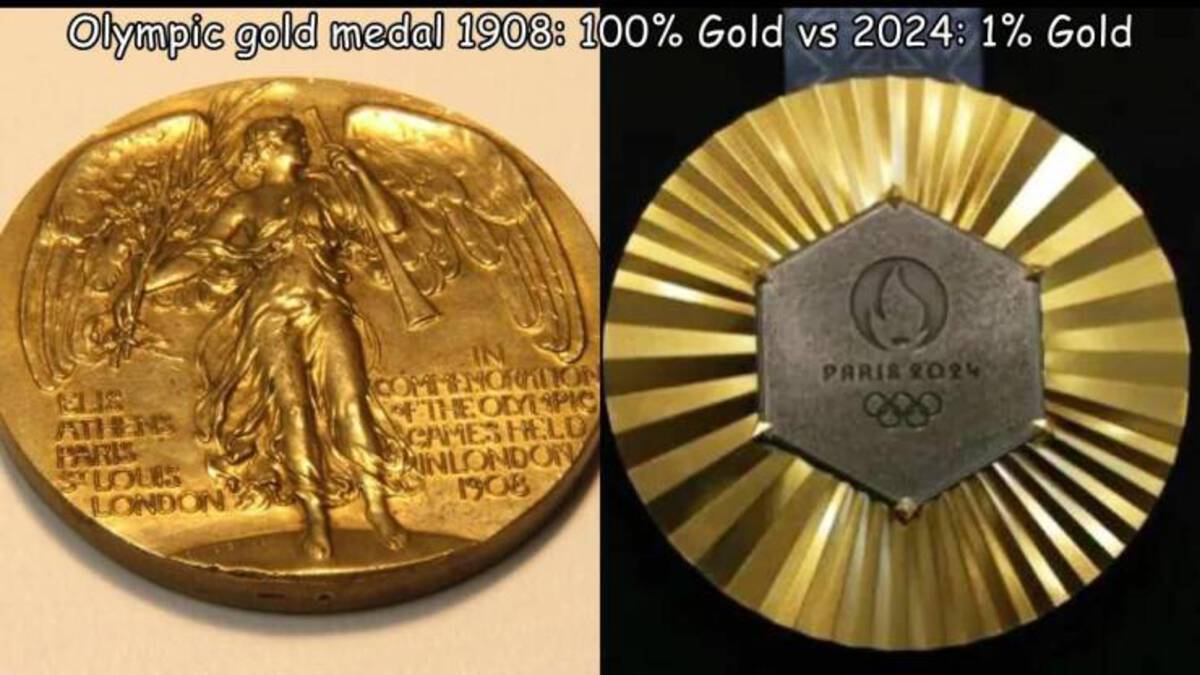 Gold medal - Olympic gold medal 1908 100% Gold vs 2024 1% Gold Athens Slouis London In Commemoration The Olympic Cames Held Inlondon 1908 Paris 2024