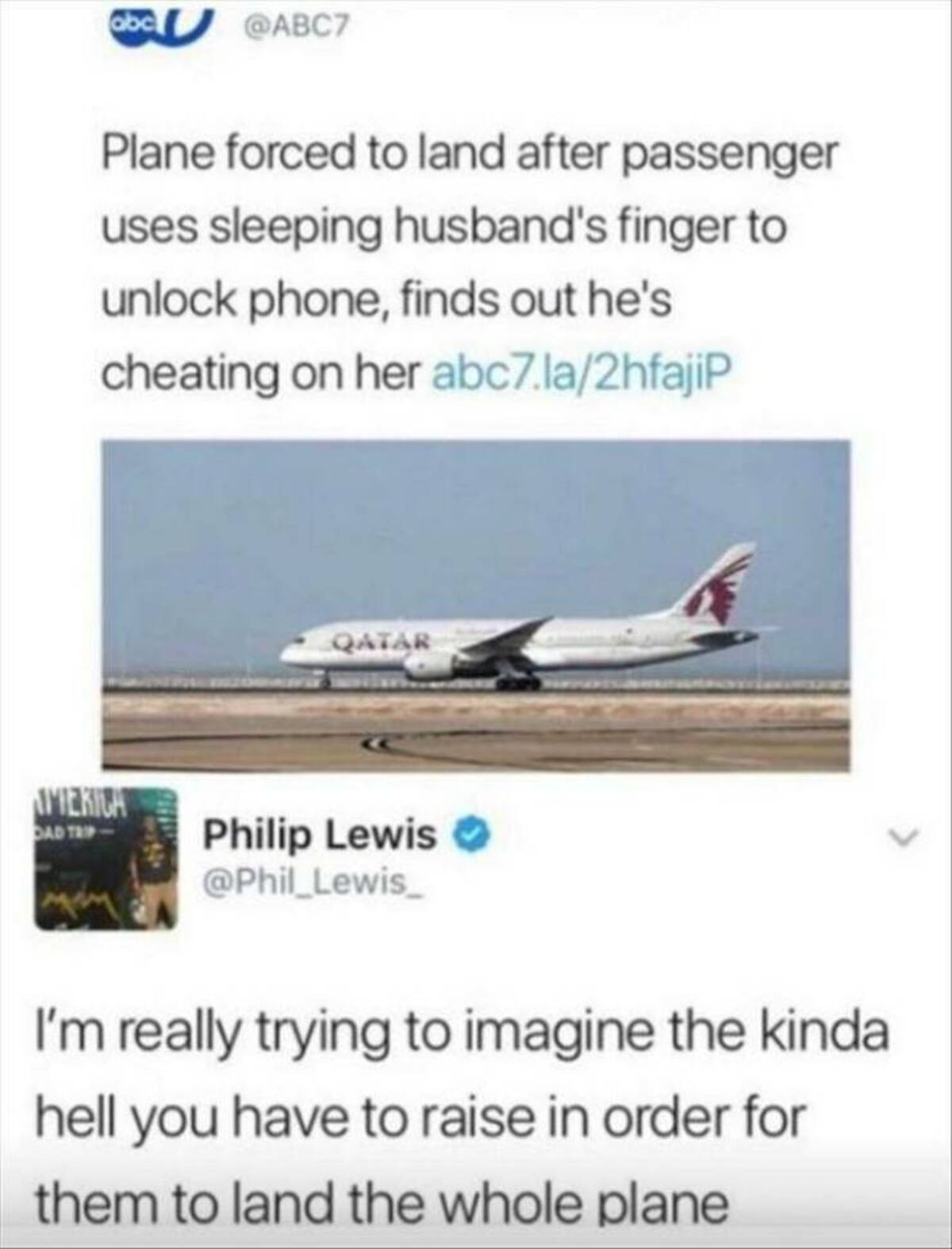 plane memes - abc Plane forced to land after passenger uses sleeping husband's finger to unlock phone, finds out he's cheating on her abc7.la2hfajiP America Qatar Dad Trip Philip Lewis I'm really trying to imagine the kinda hell you have to raise in order