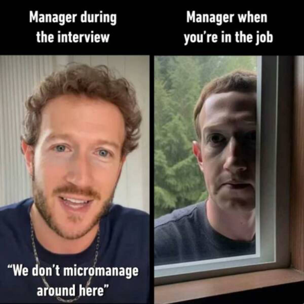 zuck staring through window meme - Manager during the interview Manager when you're in the job "We don't micromanage around here"