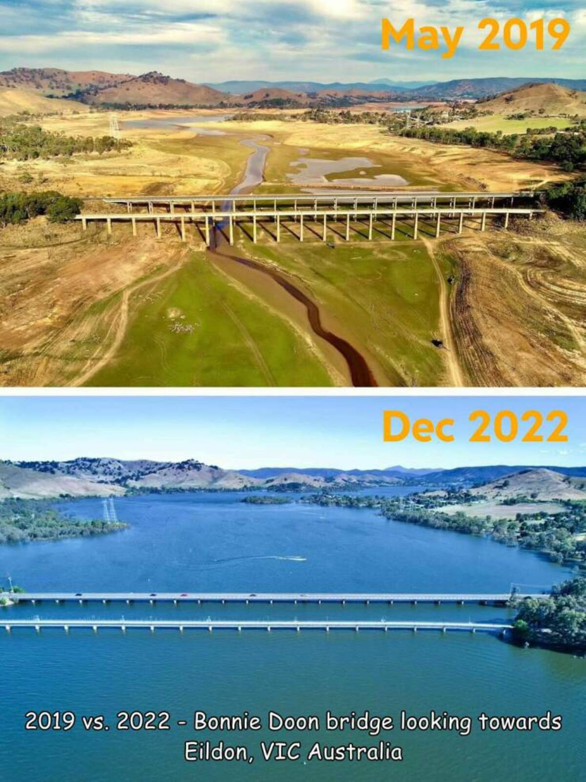 loch - 2019 vs. 2022 Bonnie Doon bridge looking towards Eildon, Vic Australia