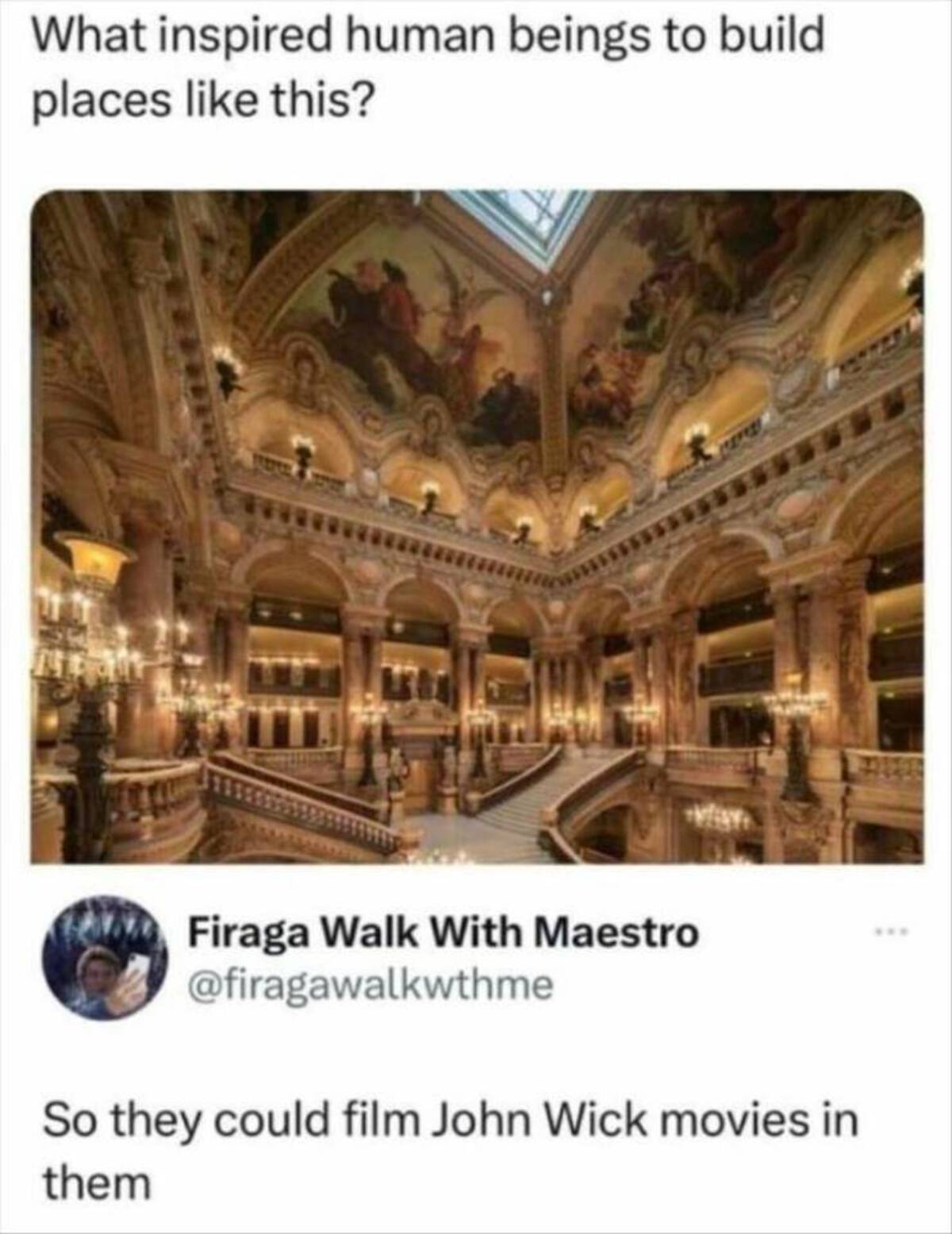 Palais Garnier - What inspired human beings to build places this? Firaga Walk With Maestro So they could film John Wick movies in them