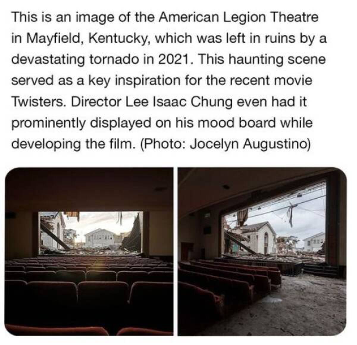 daylighting - This is an image of the American Legion Theatre in Mayfield, Kentucky, which was left in ruins by a devastating tornado in 2021. This haunting scene served as a key inspiration for the recent movie Twisters. Director Lee Isaac Chung even had