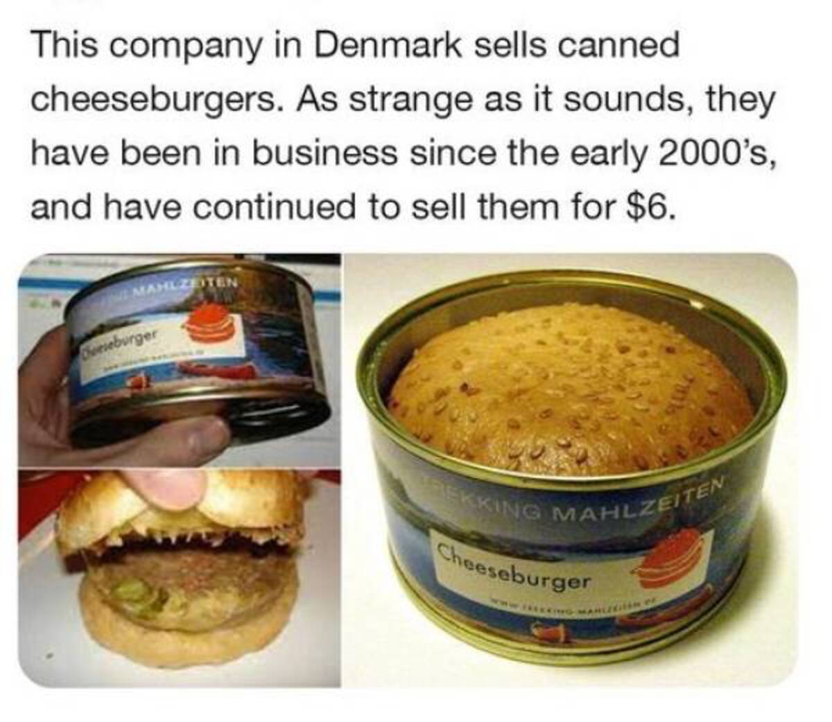 cursed burger - This company in Denmark sells canned cheeseburgers. As strange as it sounds, they have been in business since the early 2000's, and have continued to sell them for $6. Mahlzeiten Beneburger Rekking Mahlzeiten Cheeseburger Marl