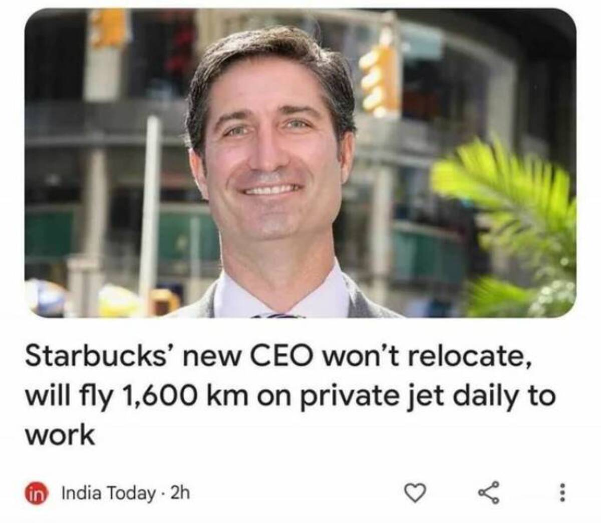 brian niccol - Starbucks' new Ceo won't relocate, will fly 1,600 km on private jet daily to work in India Today 2h