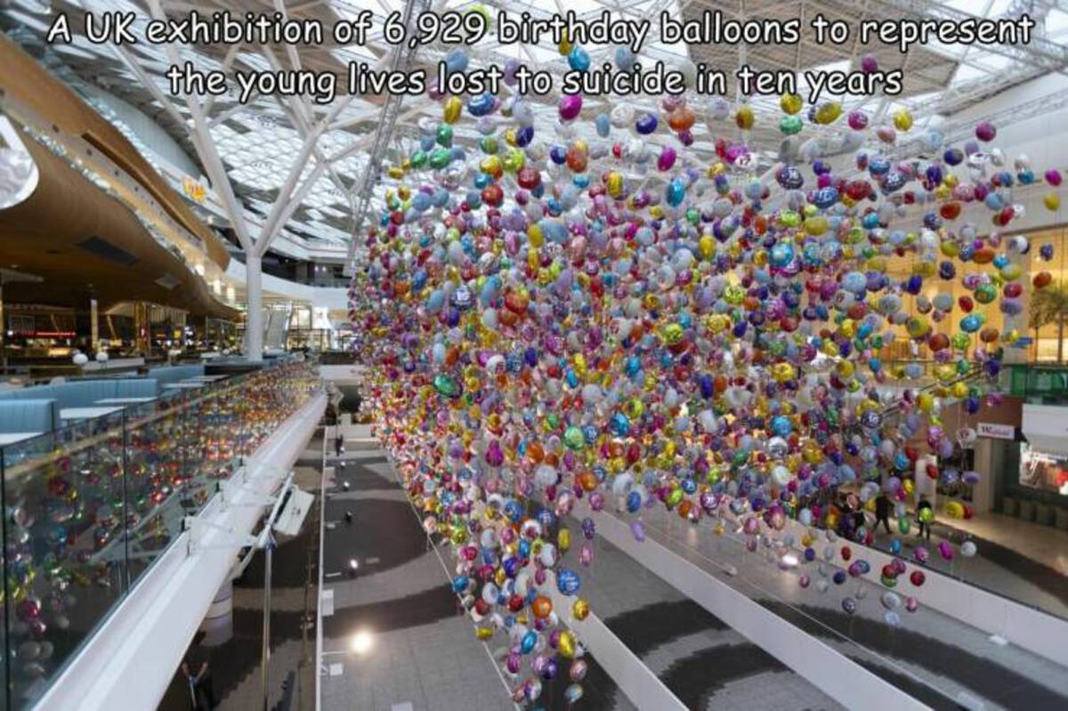 shopping mall - A Uk exhibition of 6,929 birthday balloons to represent the young lives lost to suicide in ten years War