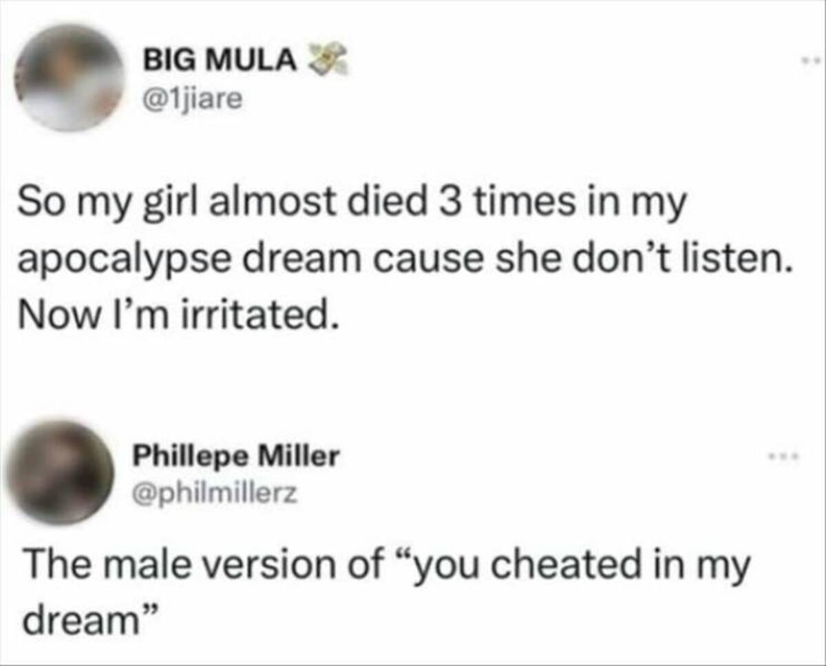 screenshot - Big Mula So my girl almost died 3 times in my apocalypse dream cause she don't listen. Now I'm irritated. Phillepe Miller The male version of "you cheated in my dream"