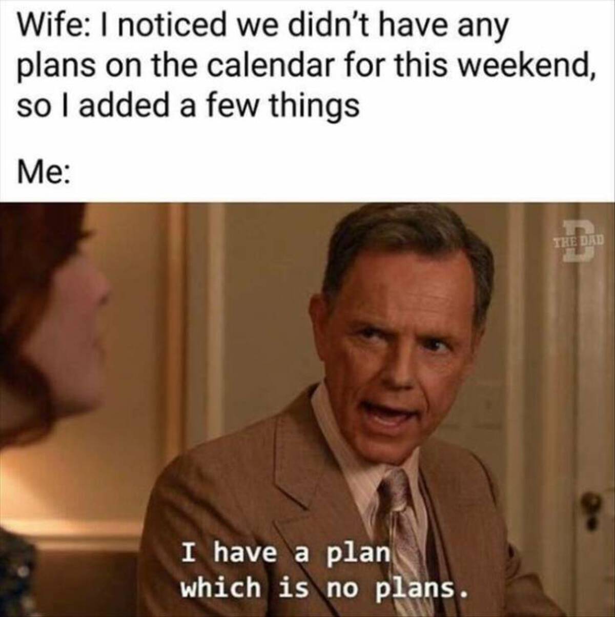 Internet meme - Wife I noticed we didn't have any plans on the calendar for this weekend, so I added a few things Me I have a plan which is no plans. The Dad