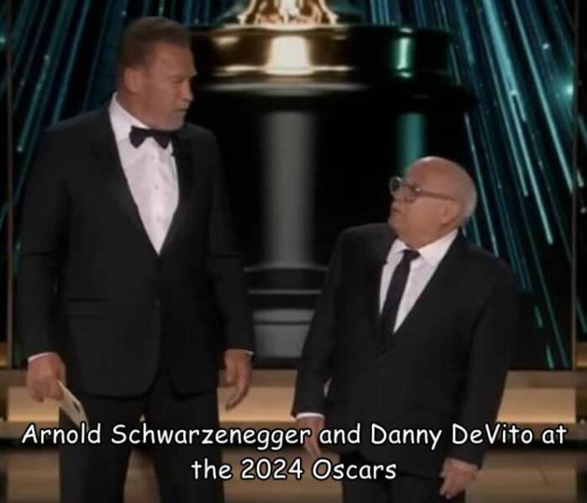 danny devito arnold oscars - Arnold Schwarzenegger and Danny DeVito at the 2024 Oscars