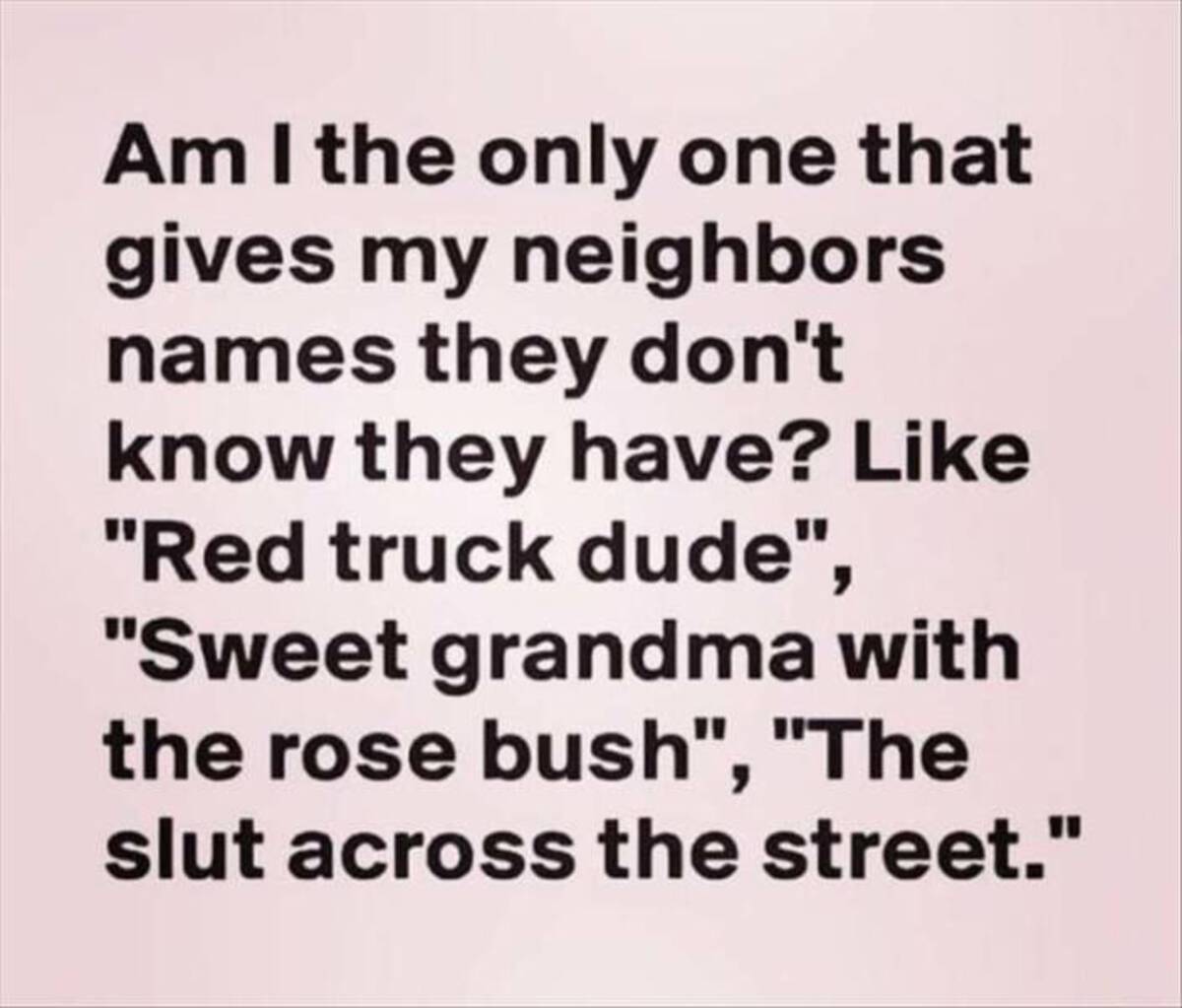 carmine - Am I the only one that gives my neighbors names they don't know they have? "Red truck dude", "Sweet grandma with the rose bush", "The slut across the street."