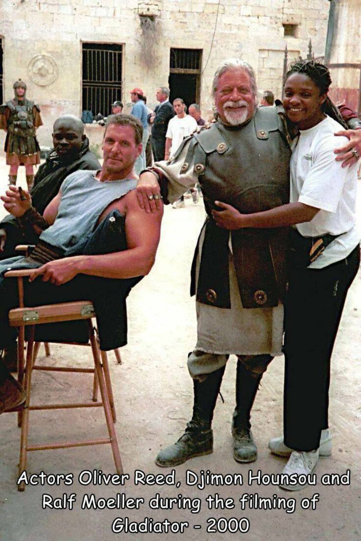 oliver reed russell crowe - Actors Oliver Reed, Djimon Hounsou and Ralf Moeller during the filming of Gladiator2000