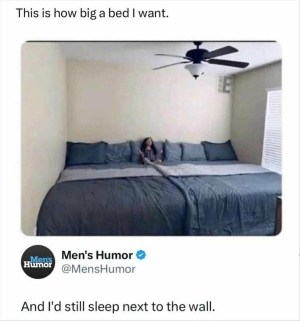 sleeping in big bed meme - This is how big a bed I want. Men's Humor Men's Humor And I'd still sleep next to the wall. E